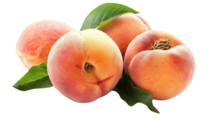 Three ripe peaches with leaves on transparent background