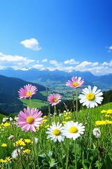 Obraz premium Alpine Meadow, Wildflower Field of Pink and White Daisies, Yellow Dandelions, Sunny Day