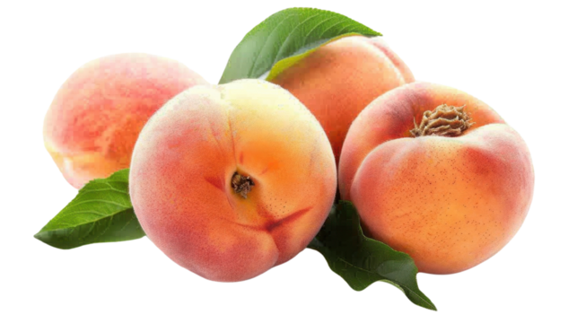 Three ripe peaches with leaves on transparent background