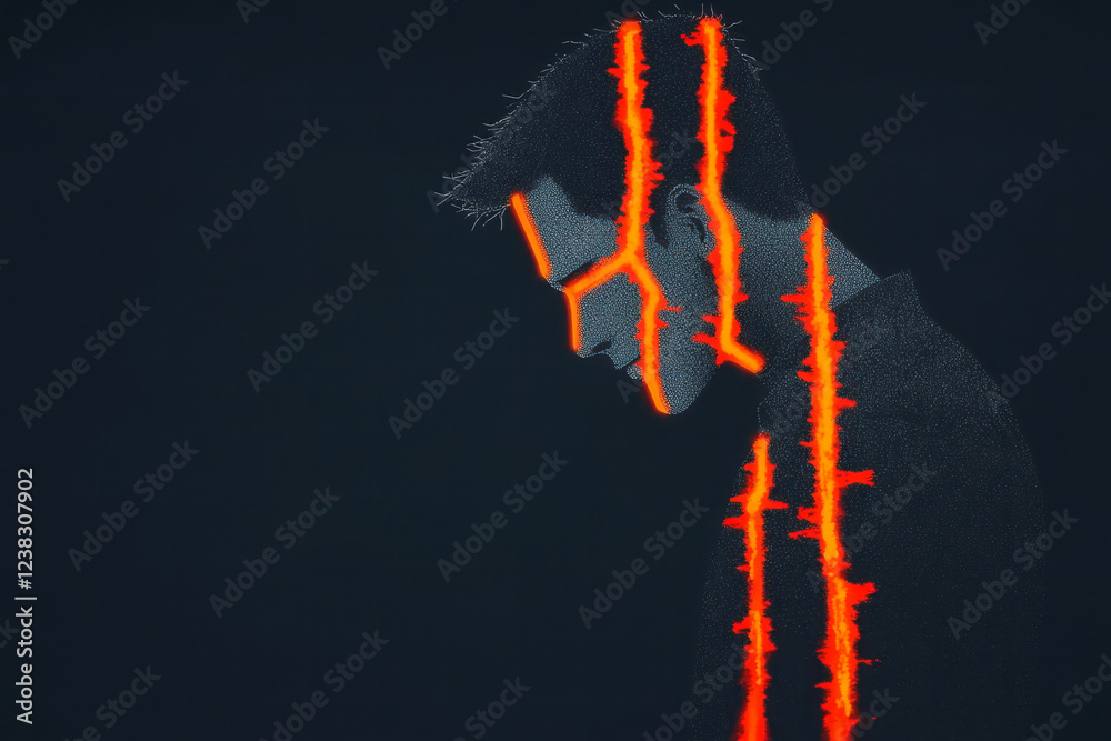 Poster An edgy, half-profile depiction of a digital figure with translucent glowing streams running along the face and shoulders, set against a black void,