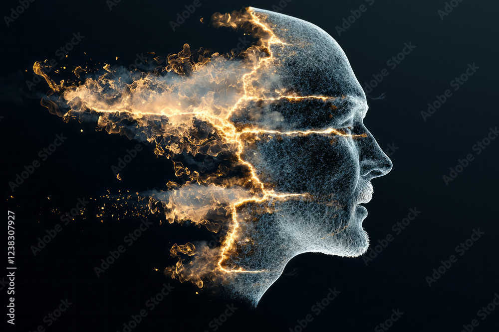 Poster An edgy, half-profile depiction of a digital figure with translucent glowing streams running along the face and shoulders, set against a black void,