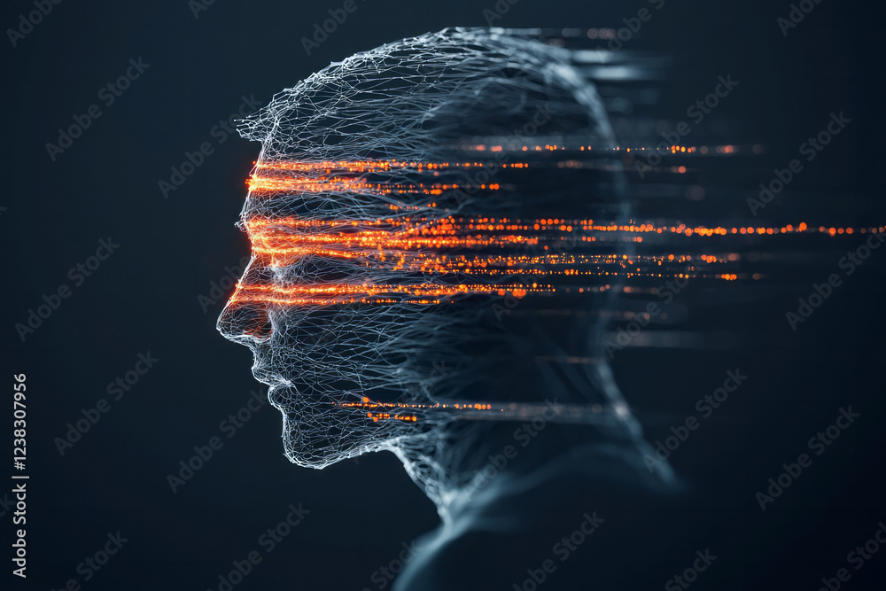 Poster An edgy, half-profile depiction of a digital figure with translucent glowing streams running along the face and shoulders, set against a black void,