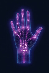 Naklejka premium A macro-like approach focusing on a glowing hand, each fingerâ€™s outline traced by bright lines, seamlessly blending into a fully lit digital arm,