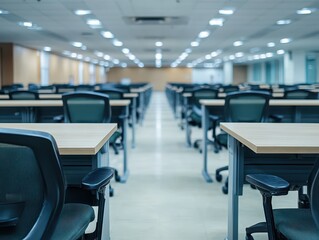 Empty office space with rows of abandoned desks and chairs, mass layoffs, cinematic realism