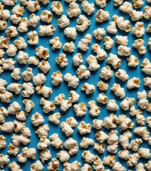 Obraz premium Popcorn kernels scattered around a blue background in a square pattern, , blue background