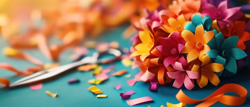 Colorful handmade paper flowers and decorations scattered on a vibrant surface, perfect for creative craft projects.