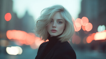 A creative side angle focusing on the wind gently lifting her blonde hair, with evening city bokeh adding a serene vibe to her quiet reflection,