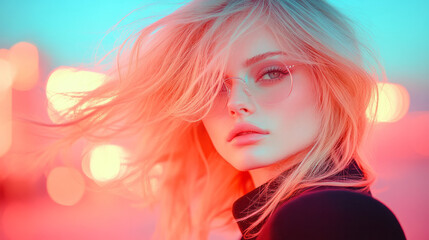 Fototapeta premium A creative side angle focusing on the wind gently lifting her blonde hair, with evening city bokeh adding a serene vibe to her quiet reflection,