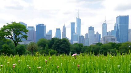Fototapeta premium Urban Oasis: Lush Green Park with Vibrant Flowers and Majestic City Skyline