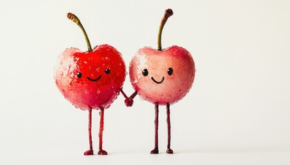 Cute cherries with legs and smiling faces, holding hands, representing friendship and joy in a whimsical food art style.