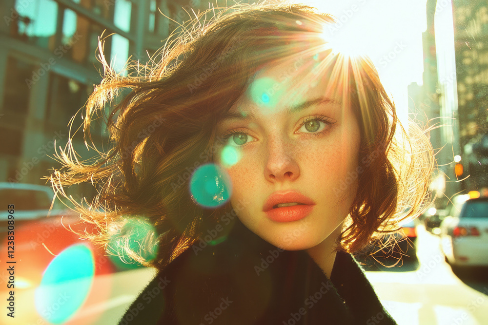 Poster a dreamy lens-flare approach capturing the sunâ€™s last rays igniting her hair, subtle bokeh dots re