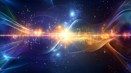 Obraz premium An abstract representation of the universe made up of fractal patterns and glowing particles, set against an ethereal background. The colors include vibrant blues, purples, oranges, and greens, 