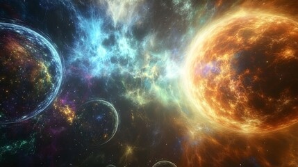 Obraz premium An abstract representation of the universe made up of fractal patterns and glowing particles, set against an ethereal background. The colors include vibrant blues, purples, oranges, and greens, 