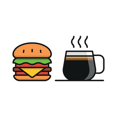 Coffee glass and hamburger set icon represents a classic fast food and beverage combo, perfect for café branding, restaurant menus, food delivery apps, and casual dining visuals.