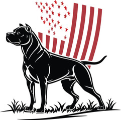 Pitbull in front of American Flag, silhouette vector