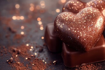 Heart-Shaped Chocolates, Sparkling With Golden Glitter, Rest On A Bed Of Cocoa Powder.