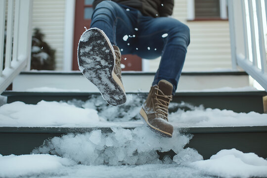 winter slip on icy porch steps catches a moment of laughter and surprise on a chill day