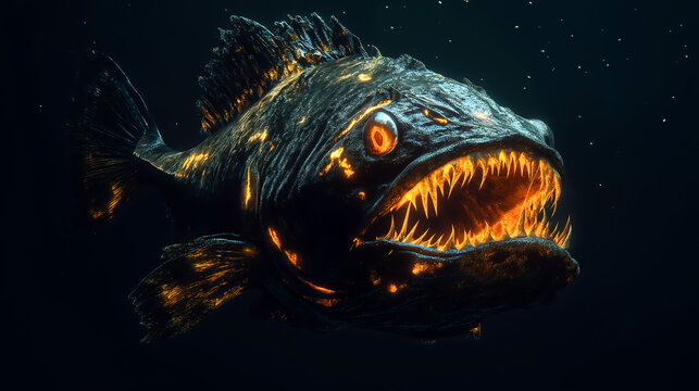 A strange and terrifying fish with an unsettling appearance, swimming mysteriously in the deep, dark sea