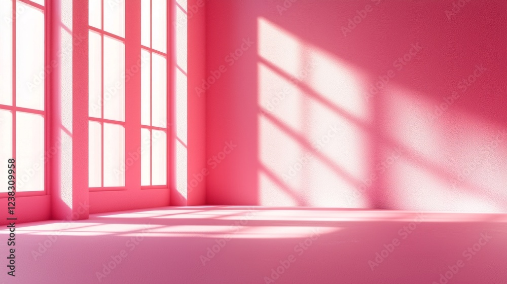 Poster In a bright room filled with soft pink walls, sunlight streams through large windows, creating dynamic shadows that dance across the floor, enhancing the cheerful atmosphere