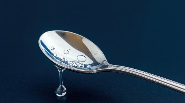 A close-up of a silver spoon with droplets of liquid, showcasing texture and reflection.