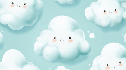 Obraz premium 44.A seamless vector design of cute cartoon white clouds on a light blue sky, painted in a soft watercolor style. The clouds are depicted with rounded, fluffy edges, giving them a light and airy