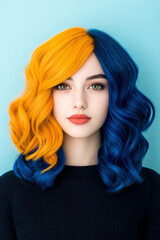 Fototapeta premium A minimalist vertical composition focusing on the womanâ€™s vibrant yellow-and-blue dyed hair cascading down her shoulders, her dual-hued eyes locked onto the lens,