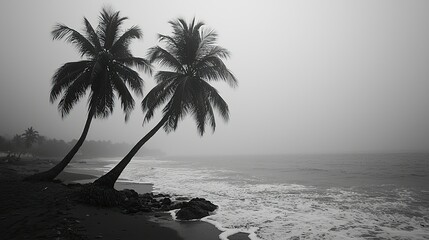 Two Palm Trees on a Foggy Beach