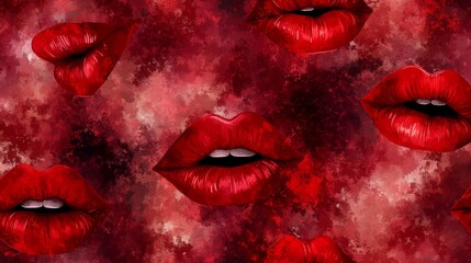 Fototapeta premium 18.A seamless vector pattern featuring a collection of red watercolor lips, each one rendered in rich, saturated shades of red. The lips vary in shape and size, with some appearing bold and full,