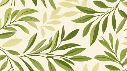 Fototapeta premium 53.A seamless vector pattern featuring green palm tree leaves in various shapes and sizes. The leaves are illustrated with intricate detailing, showing the delicate veins and subtle curves of each