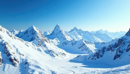 Obraz premium Snowy mountain peaks stretching towards a bright blue sky, snowcapped peaks, cold climate, mountain range