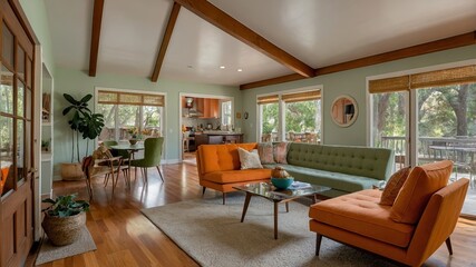 Fototapeta premium Modern living room with vibrant orange accents and spacious design in serene natural surroundings