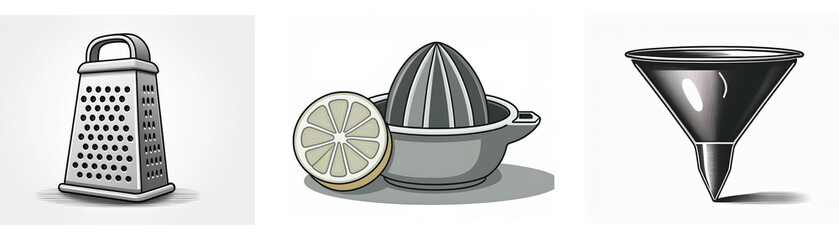 Three kitchen utensil icons: a grater, a citrus juicer, and a funnel.  Simple, monochrome illustrations ideal for a recipe app or cookbook.