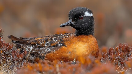 A Wet Steller Sea Duck Rests Among Autumnal Plants