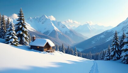 Snowy mountainside with evergreen trees and a rustic cabin in the distance, landscape, natural, winter wonderland