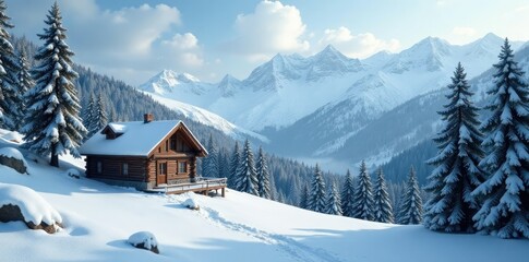 Fototapeta premium Snowy mountainside with evergreen trees and a rustic cabin in the distance, serene, cozy retreat