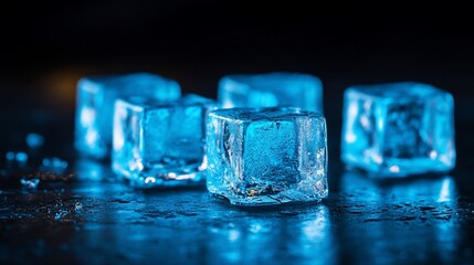 Crystalline Ice Cubes Glimmering Under Blue Light
