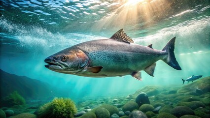 Fototapeta premium Salmon swimming in the ocean with slimy trail behind, tidal patterns, fish locomotion, water currents, marine life migration