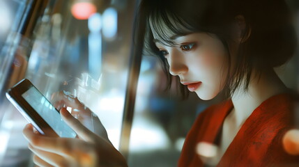 Lady watching in the screen of the smartphone, browsing social media, reading messages, checking notifications, engaging in online shopping, video calling,chatting, modern technology-driven lifestyle.