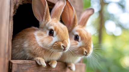 Fototapeta premium Two rabbits peeking out from a wooden structure in a natural setting.