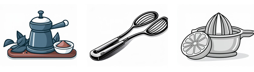 Fototapeta premium Three kitchen utensil icons: a coffee grinder with beans, tongs, and a citrus juicer. Perfect for culinary apps or websites.