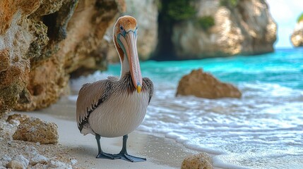 Brown Pelican Stands on Sandy Beach Near Ocean Cave
