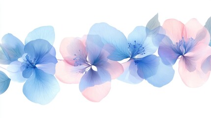 Obraz premium 21.A set of beautiful vector flowers, hand-drawn in watercolor style, including blue and pink petals with delicate, detailed leaves. The flowers are arranged in a wreath-like formation, creating an