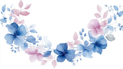 21.A set of beautiful vector flowers, hand-drawn in watercolor style, including blue and pink petals with delicate, detailed leaves. The flowers are arranged in a wreath-like formation, creating an