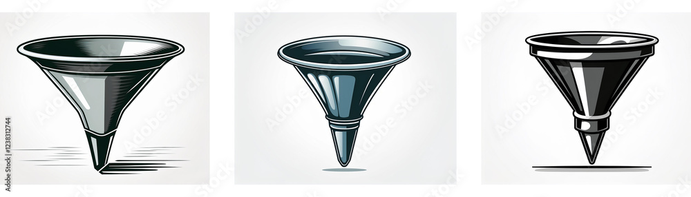 Poster three grayscale icons depict funnel-shaped kitchen utensils with pointed bases. they are simple, yet
