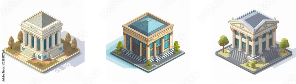 Leinwandbilder three isometric views showcase a classical building with variations in roof and landscaping. the str