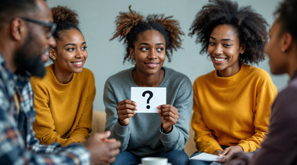 Fototapeta premium Diverse group of young adults participating in a team-building quiz, with a smiling participant holding a question card in a casual setting.