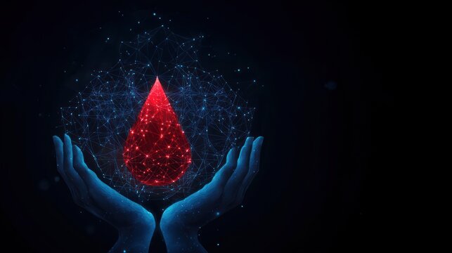 Two hands hold a red and blue abstract blood drop, Highlights unity and balance in blood donations, plasma donation, and advancing global health efforts