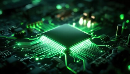 Futuristic green microchip on a circuit board, symbolizing innovation and advanced computing in the digital age.