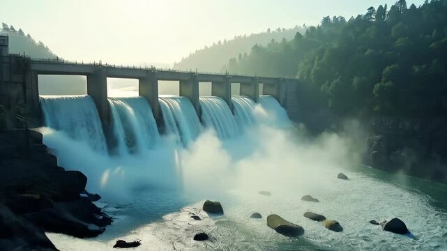 Hydroelectric dam releasing water. Camera moves forward. Drone shot.