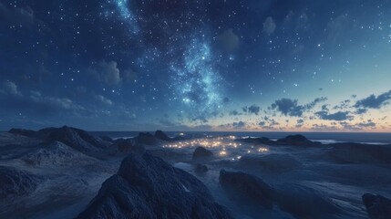 Fototapeta premium 69.A starry night sky over a rocky landscape with dark blue heavens stretching above. The sky is filled with countless glowing stars, creating a sparkling blanket over the terrain. The rocky terrain